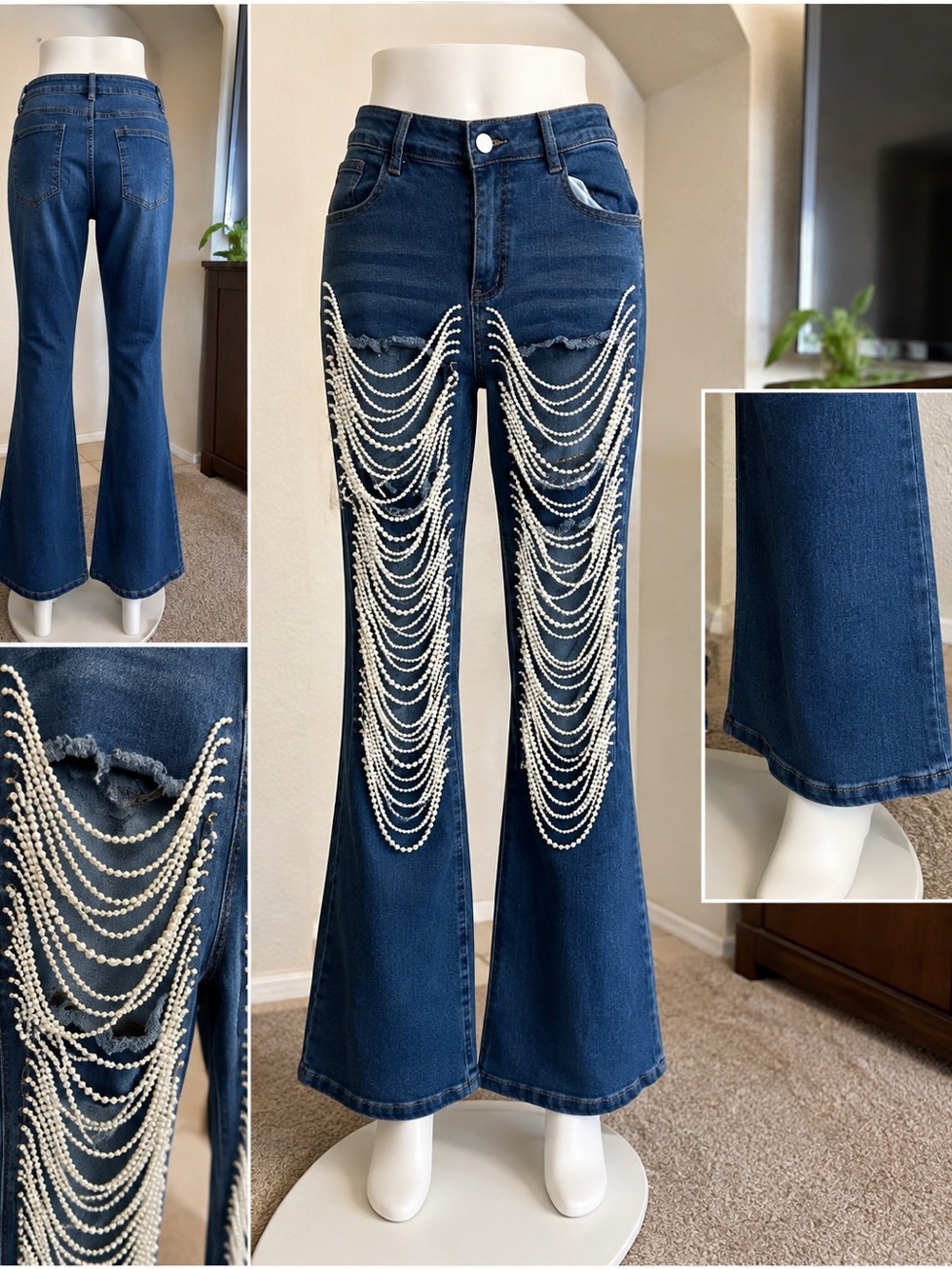 Source Unknown Dark Blue Boot Cut Jeans with Pearl Chain Drapes